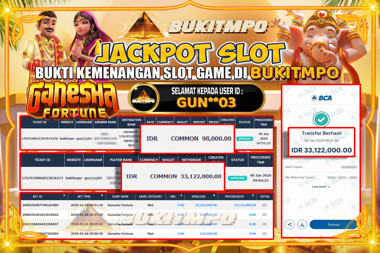 BUKITMPO JACKPOT GANESHA FORTUNE - PG SOFT Rp.33.122.000,- LUNAS